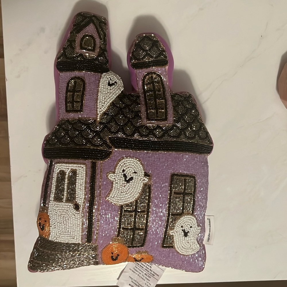 Cupcakes and cashmere Halloween Haunted House decorative pillow purple